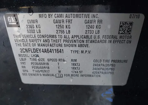 2010 Chevrolet Equinox Lt z USA, uszkodzony, nr VIN 2CNFLDEY4A6411641